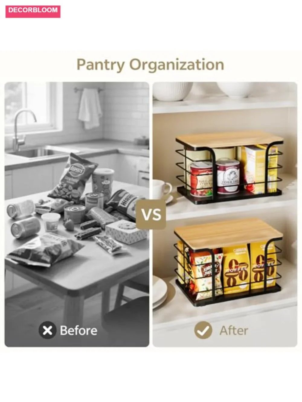 2 Pack Stackable Pantry Organizer Bamboo Stainless Steel Kitchen Storage Bin